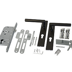 RVS luxe deurbeslagset zwart gecoat SKG keurmerk met slotkast cilinder en slot Incl duimen