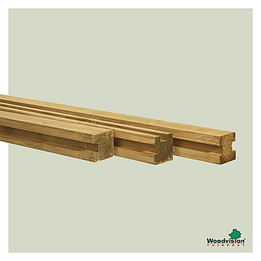 Grenen sleufpaal 8,8 x 8,8 x 270 cm, t.b.v. 28 mm profielplanken, hoekpaal, groen geïmpregneerd.