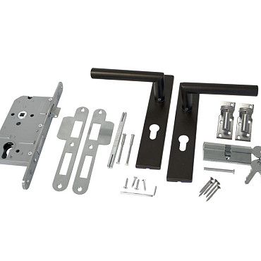 RVS luxe deurbeslagset zwart gecoat SKG keurmerk met slotkast cilinder en slot Incl duimen