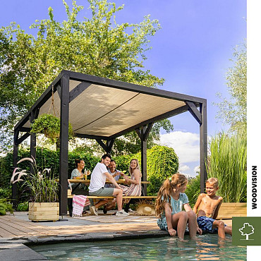 Vuren houtpakket 300x300cm zwart gedompeld, tbv strak schaduwdoek 292x292cm