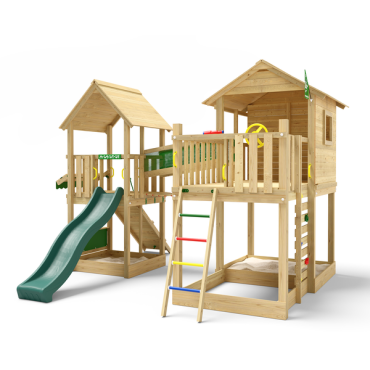 Grenen speeltoestel Farsund met donker groene glijbaan groen geïmpregneerd