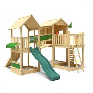 Grenen speeltoestel Farsund met donker groene glijbaan groen geïmpregneerd